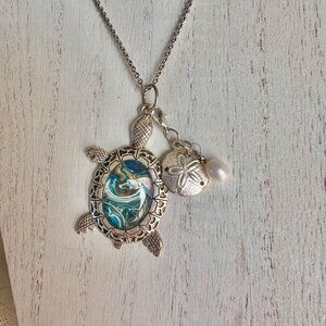 Silver Metal Hand Painted Turtle Necklace Real Pearl & Metal Sand Dollar Charm